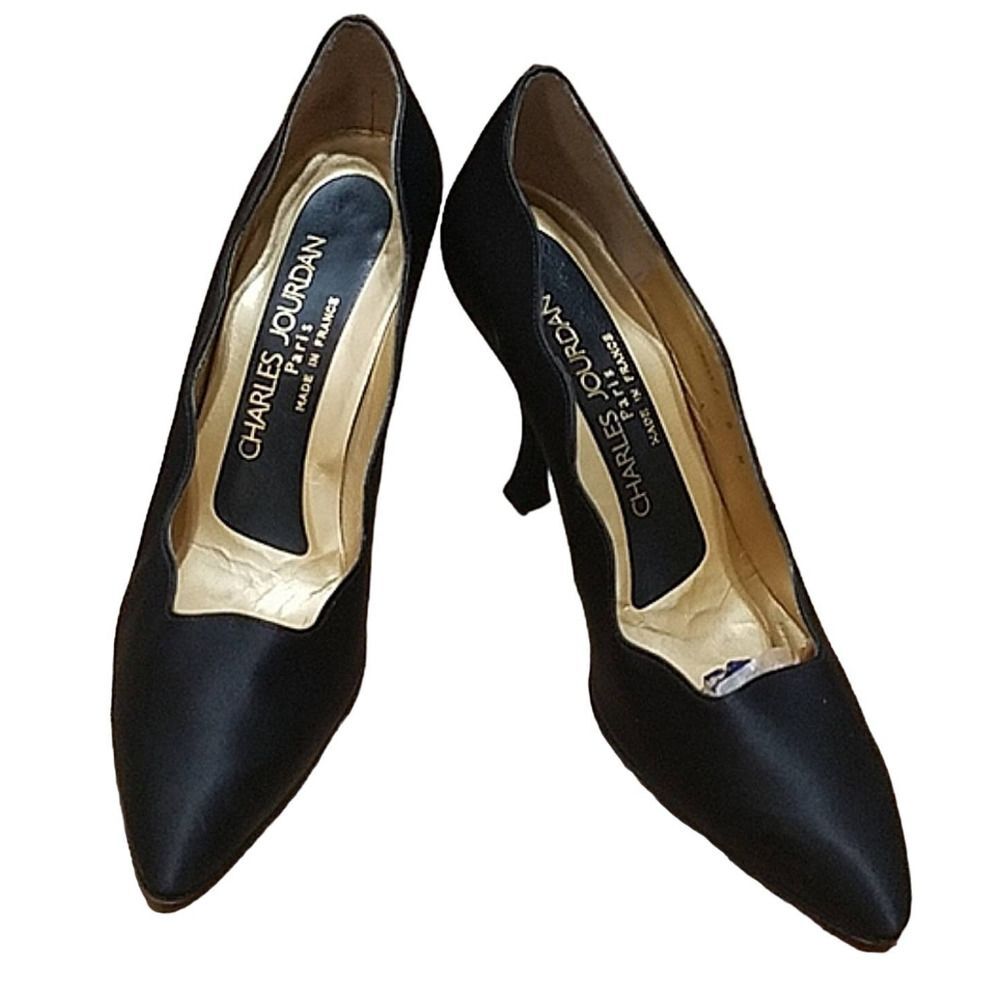 Charles Jourdan Paris Satin Classic Black Pointed Toe Heel, Stiletto SZ 8